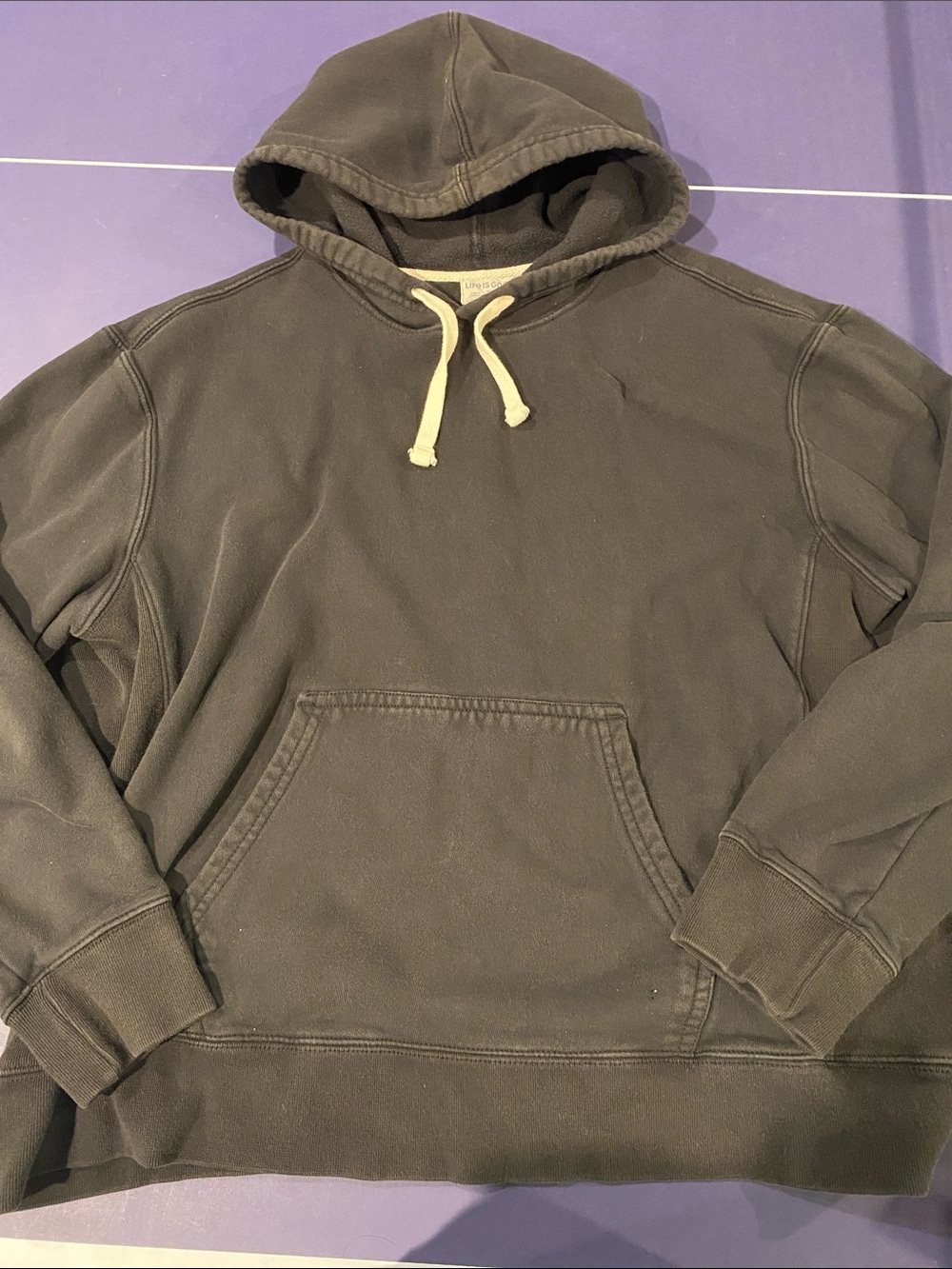 Life Is Good Black Crewneck Hoodie with White Drawstring